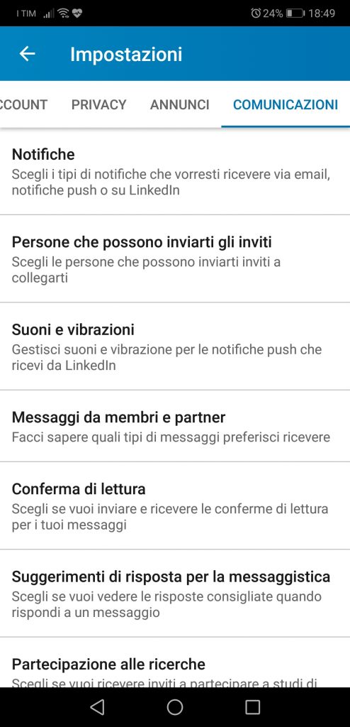 Menu impostazioni di linkedin 